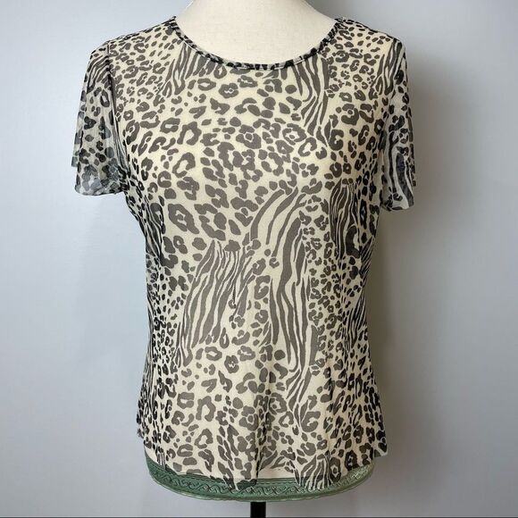 NWT Antistar Black & White Animal Cheetah Zebra Print Short Sleeve Sheer size L - Picture 2 of 11